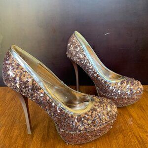Baby Phat Rose Gold Sequin Round Toe Stiletto Platform Pumps